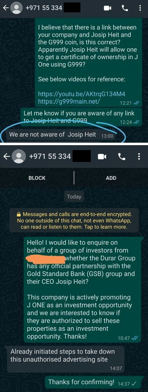 Whatsapp message where the J One Developer denies knowing Josip Heit